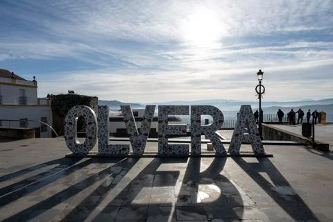 A view of a sculpture spelling Olvera Stock Photos