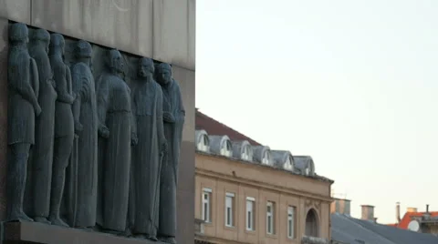 View of sculptures at the bottom of King Tomislav statue in Zagreb, Croatia Stock Footage 60833753