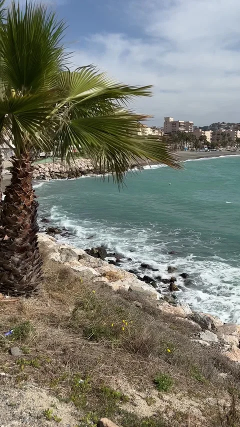 View of sea and beach in Almunecar, Granada, Spain. Vertical video Stock Footage 240921890