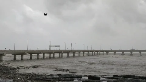 View of sea and Bridge before storm,. Storm Clouds . Stormy Weather. Stock Footage 90804663