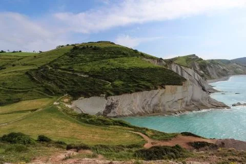 View of sea and cliffs on the Flysch Route in the Basque Country, Spain Stock Photos