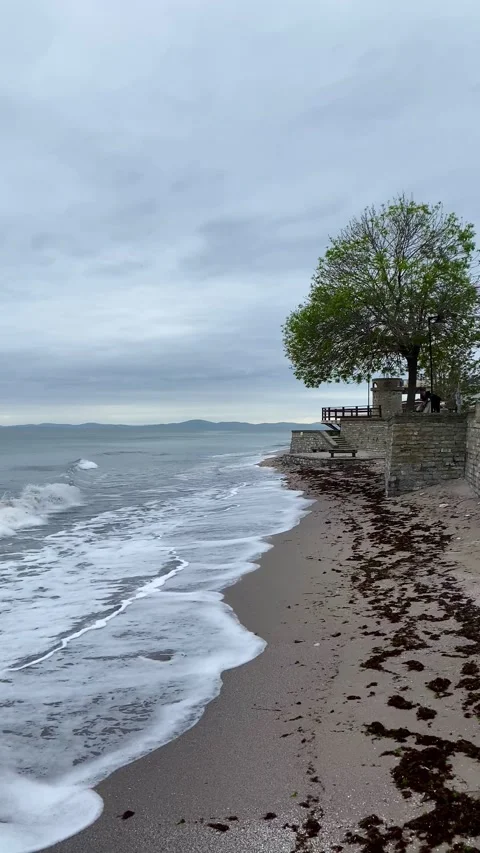 View of the sea and hills in cloudy weather in Old Nessebar, Bulgaria. Video stock 342794986