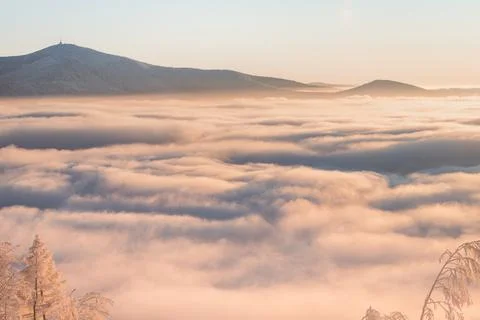 View of sea of clouds colored in the soft orange-pink hue of the morning sun. Stock Photos