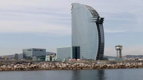 View from the sea with Hotel W, also known as Hotel Vela, Barcelona, Spain Stock Footage 286050138