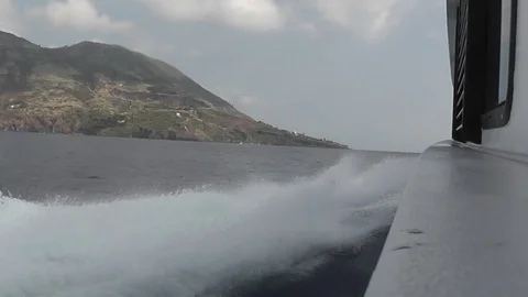 View From The Sea Of The Stromboli Volcano In Eolie Island: Sicily, Italy Stock Footage 80303744