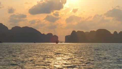 View from the sea on Sunset in Ha Long Bay, Vietnam. Stock Footage 110715723