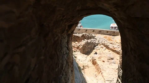 View of the sea through a window in the opposite wall. Crete. Stock Footage 83828474