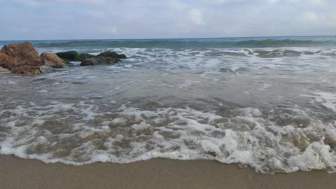 View of sea waves from the beach in Mediterranean sea, Calafell  ,Spain Stock Footage 133027893