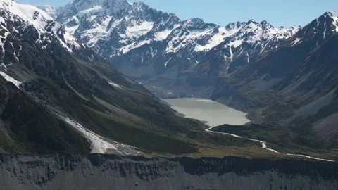 View from Sealy Tarns viewpoint of mountains, Mount Cook, Hooker Lake and Stock Footage 304502619