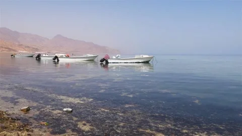 View Of The Seashore With Boats And Distant Mountains In The Calm Stock Footage 221619136