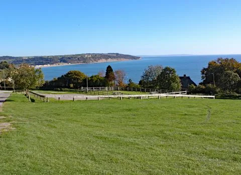 The view of Seaton Bay from the small Devon seaside village of Beer 스톡 사진