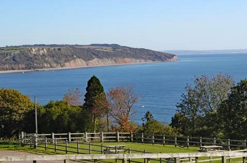 The view of Seaton Bay from the small Devon seaside village of Beer Stock Photos