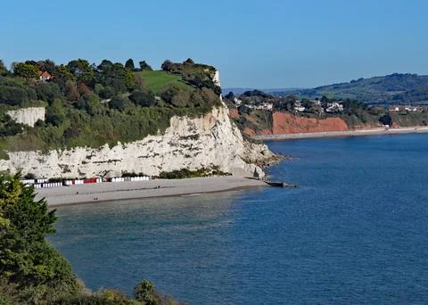 The view of Seaton Bay from the small Devon seaside village of Beer 스톡 사진