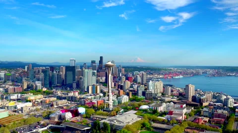 View of Seattle with Mount Rainier in Background by Aerial Drone Stock Footage 65045006