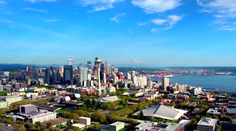 View of Seattle with Mount Rainier in Background by Aerial Drone Stock Footage
