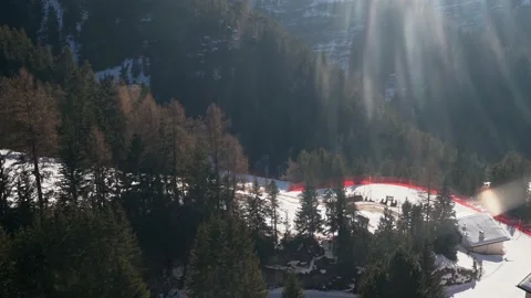 View from Seceda cablecar in Val Gardena. Looking to ski slopes in the valley Stock Footage 226080266