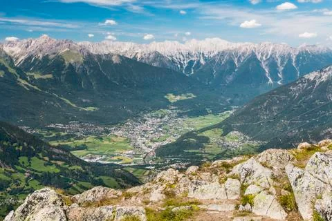 View from the Sechszeiger to Imst and the Inn Valley in Austria Stock Photos