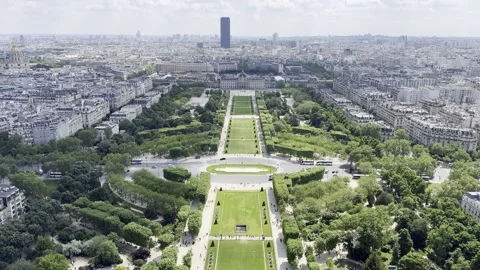 View from second floor of Eiffel Tower overlooking Champ de Mars in Paris, Franc Stock Footage 337196794