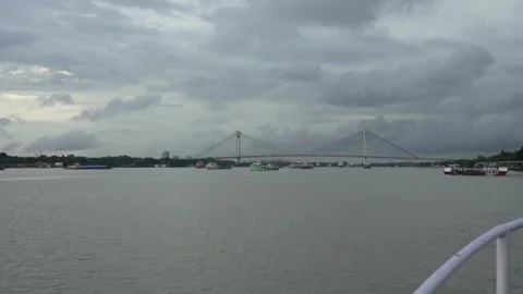 View of Second Hooghly Bridge or Vidyasagar setu from Ganga River Cruise Stock Footage 301548772