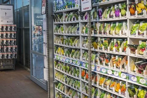 View of seed packets display in garden center shop with vegetable varieties Photos