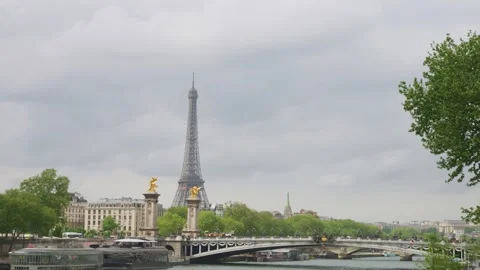 View of the Seine River, the Alexandre III Bridge and the Eiffel Tower. Video stock 310183309