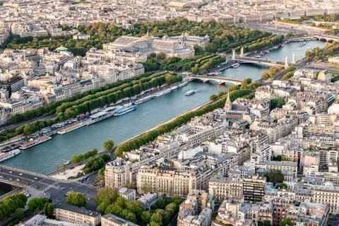 View of Seine river from the Eiffel Tower during at sunset Stock Photos