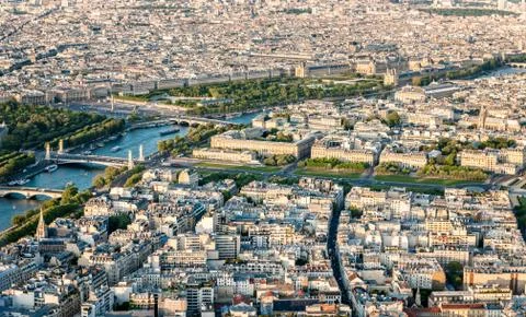 View of Seine river from the Eiffel Tower during at sunset Stock Photos