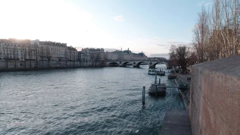 View of Seine river in Paris during evening in slow motion Stock Footage 127014256