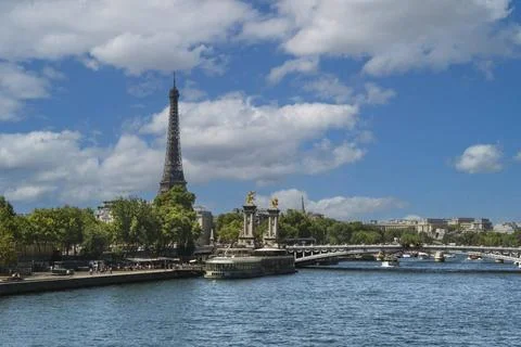 View of the Seine River in Paris with the Eiffel Tower in the background o... Stock Photos