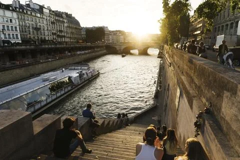View of the Seine River in Paris at sunset. Stock Photos
