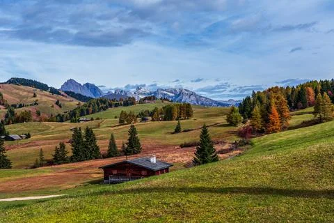 View of the Seiser Alm, the largest high alpine pasture in Europe in Italy. Stock Photos
