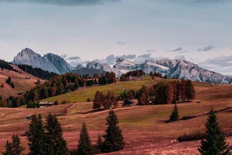 View of the Seiser Alm, the largest high alpine pasture in Europe in Italy. Stock Photos