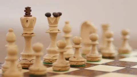 View with selective focus of chess board: white pieces. Chess figure king Stock Footage 146228158