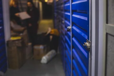 View of self storage warehouse interior, process of keeping and storing the g Stock Photos