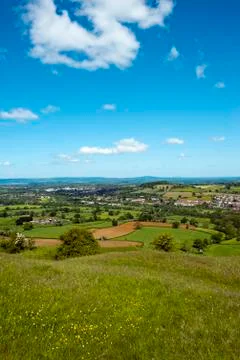 View from Selsley Common over a patchwork of fields in The Severn Vale Fotos de archivo