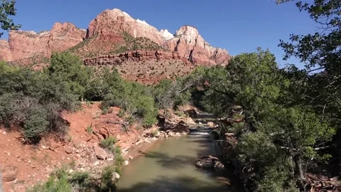 View of the Sentinel and the Virgin River in Zion National Park, Utah Stock Footage 346329082