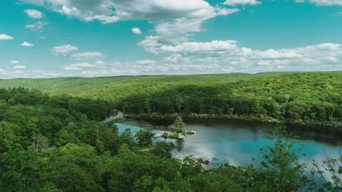 View of a serene lake surrounded by dense forest in the United States. Video stock 344409995