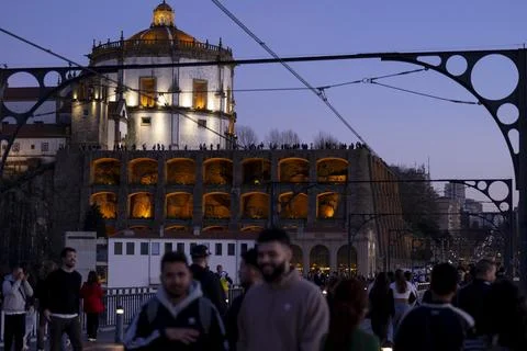 View of Serra do Pilar with D Luiz I Bridge with tourists. Porto, Portugal Stock Photos