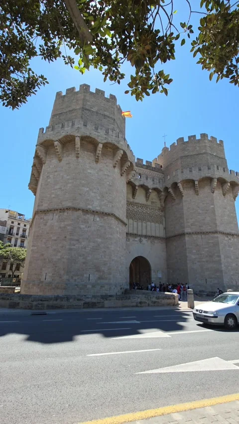 View of Serranos Gate, also known as  Serranos Towers is one of the twelve gates Stock Footage 322102015