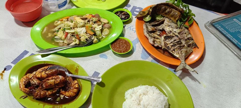 View of set menu of dinner on the plates Stock Photos