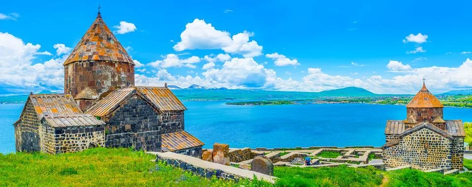 The view from Sevan Peninsula, Sevanavank Monastery, Armenia 스톡 사진