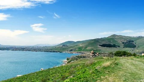 View of Sevanavank church in Sevan, Armenia on sunny spring day, blue sky, long Stock Photos