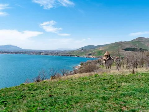 View of Sevanavank church in Sevan, Armenia on sunny spring day Stock Photos