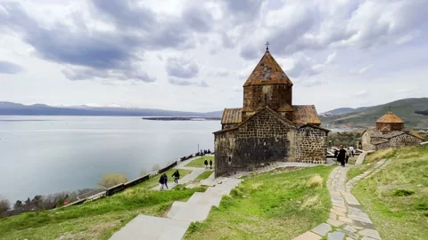 View of the Sevanavank Monastery and chapel Stock Footage 278187901