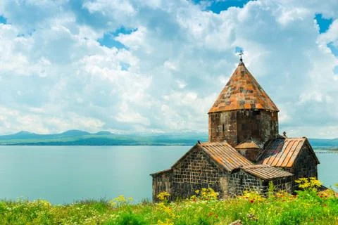 View of Sevanavank Monastery and Lake Sevan, a landmark of Armenia on a sunny 스톡 사진