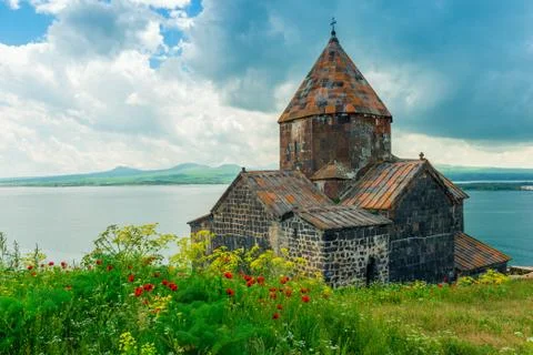 View of Sevanavank Monastery and Lake Sevan, a famous landmark of Armenia Stock Photos