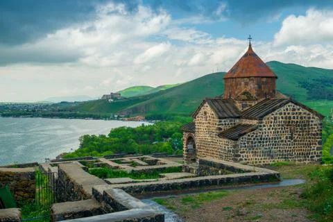 View of the Sevanavank Monastery on Lake Sevan, a famous landmark of Armenia 스톡 사진