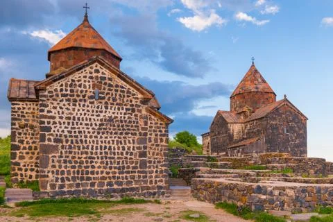 View of Sevanavank Monastery in the rays of the setting sun, sight of Armenia 스톡 사진