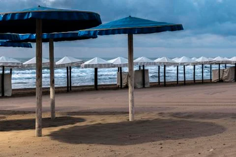 View of several beach umbrellas Stock Photos