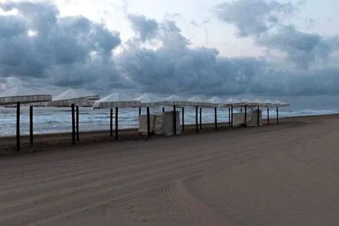 View of several beach umbrellas Stock Photos